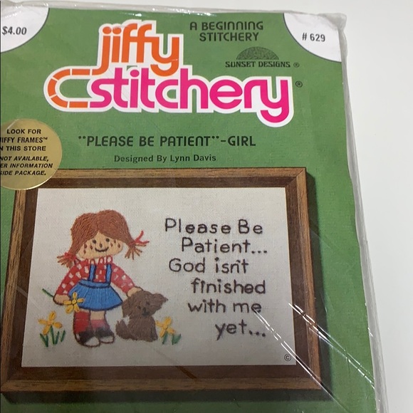 Jiffy Stitchery Sunset Designs #629 VTG 1976 “Please Be Patient” - Picture 3 of 5